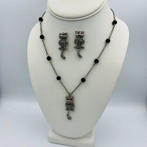 Butler & Wilson Crystal Black Cat Necklace & Earrings Set